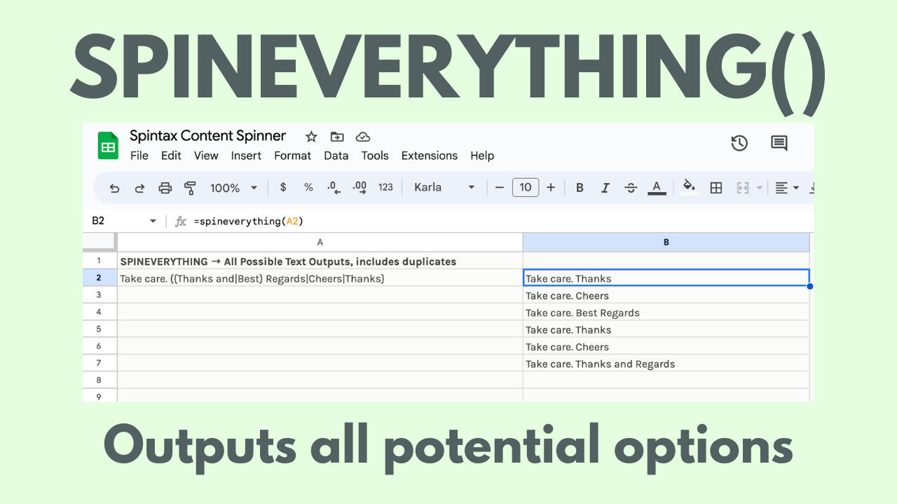 Spintax in action on a sheet