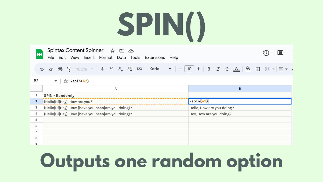 Spintax in action on a sheet