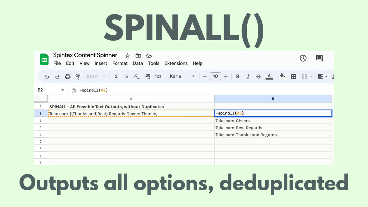 Spintax in action on a sheet